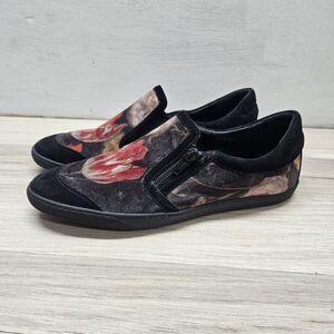 Sesto Meucci Womens Black Velvet Shoes Size 8.5 Red Floral Tulip